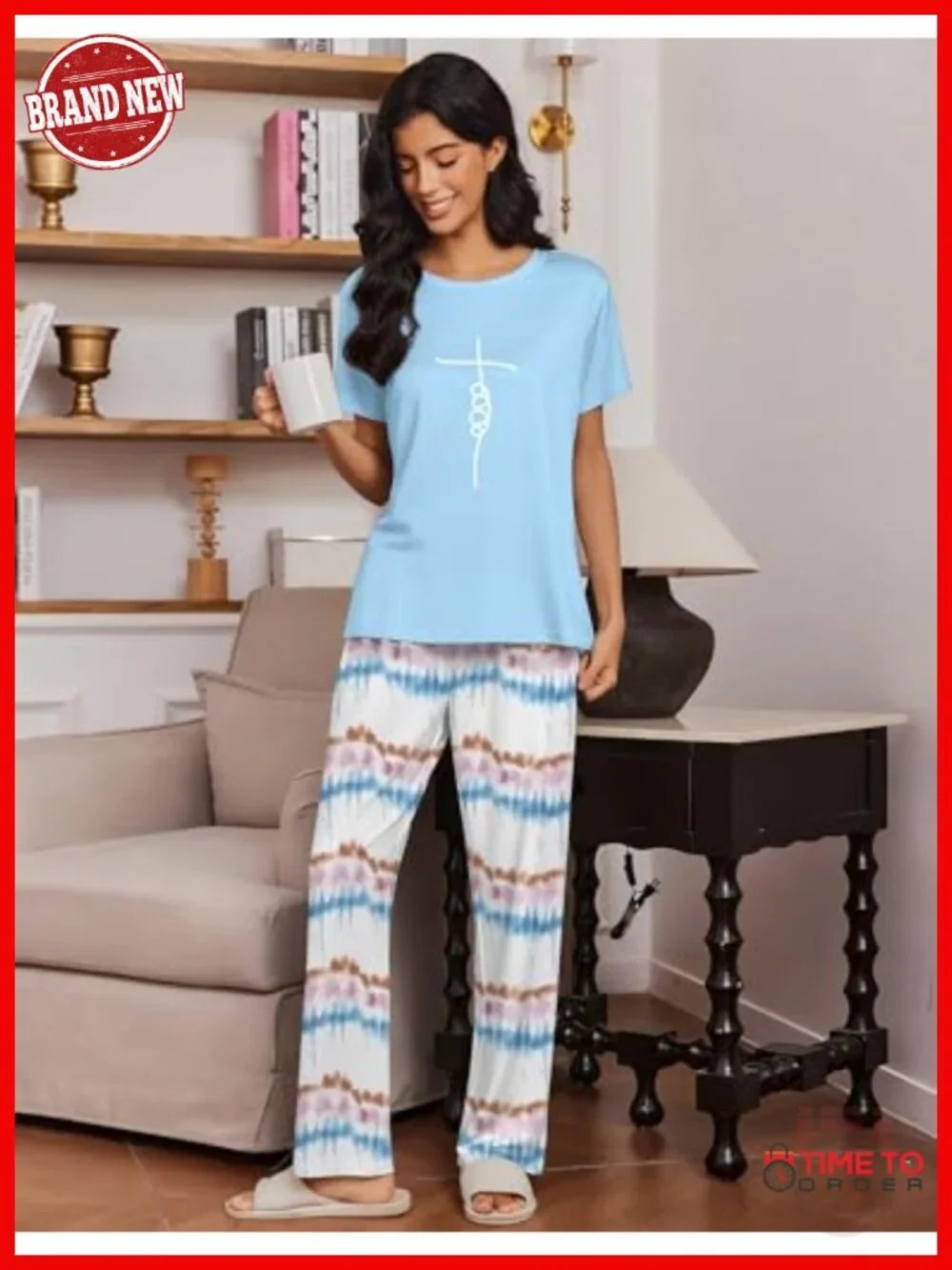 2 Pack Pajamas Set Short Sleeve Sleepwear Top and Pants Soft Lounge Sets with